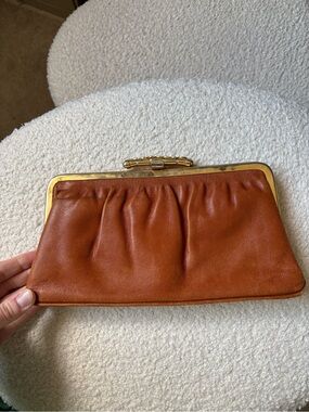 Vintage Cognac Leather Kiss Lock Clutch Wallet Retro Minimalist Purse